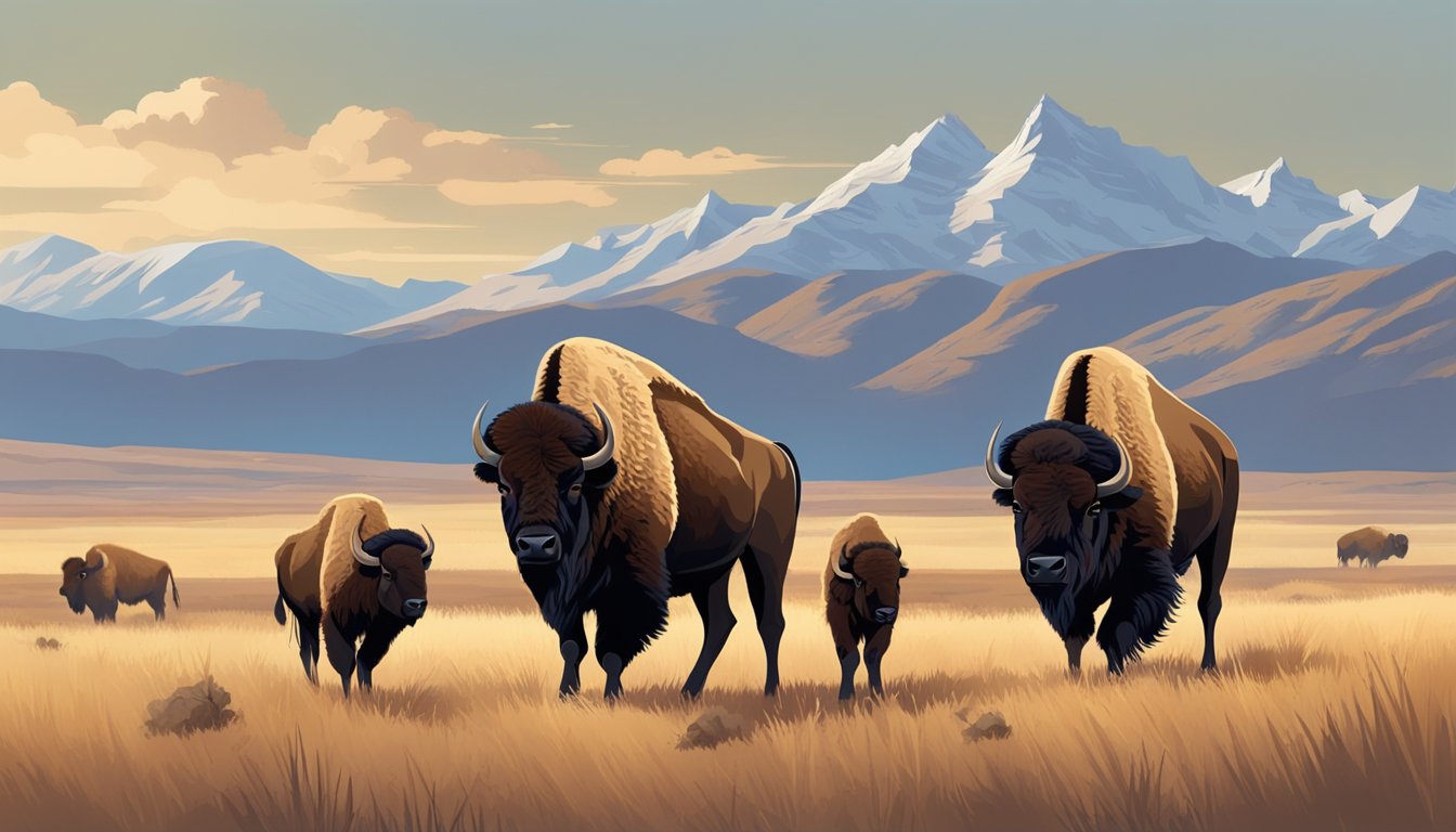 A family of bison stands in a vast, open plain, with rugged mountains in the background, symbolizing the power and resilience of the American West