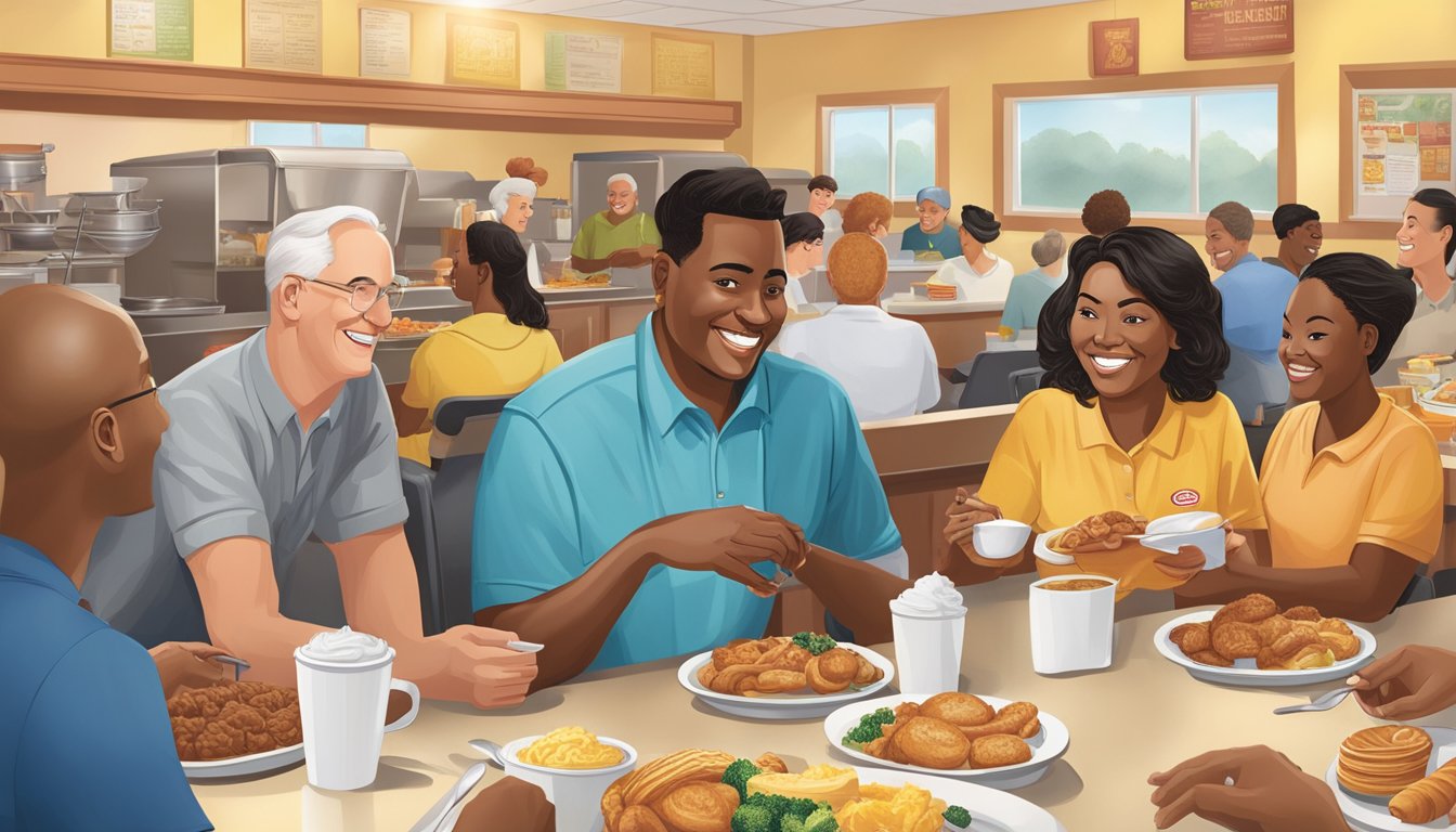 A diverse group of customers enjoy a variety of breakfast options at Golden Corral, with smiling staff members providing attentive service