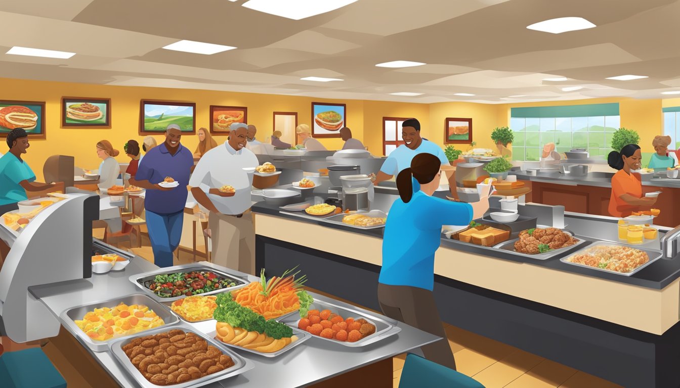 A bustling breakfast buffet at Golden Corral, with a mix of traditional and innovative dishes being served, as customers enjoy their meals in a bright and welcoming dining area