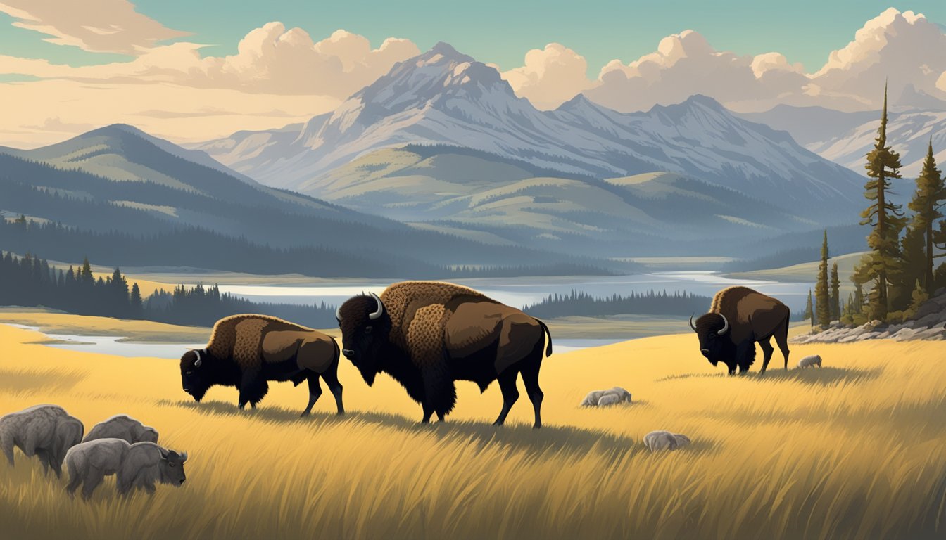 A family of bison graze in the vast expanse of Yellowstone, with the rugged mountains of the American West looming in the background