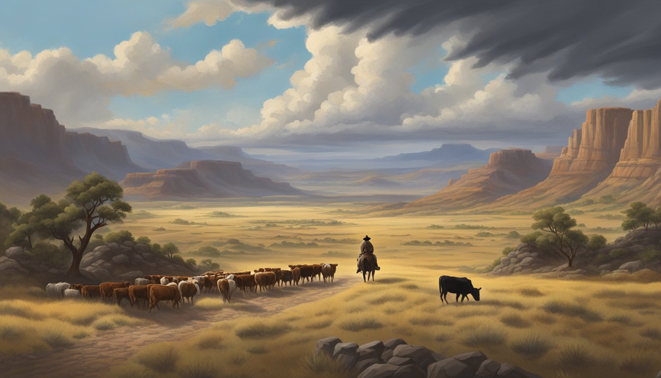 A lone cowboy rides through a rugged landscape, with a herd of cattle in the distance and a dramatic sky overhead