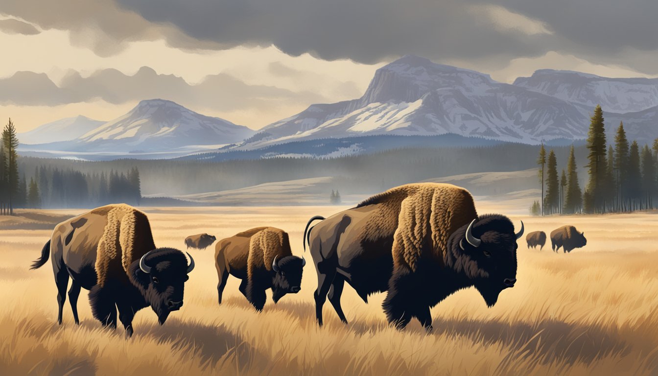 A family of bison stands majestically against the backdrop of the rugged, expansive landscape of the American West, symbolizing power and resilience in Yellowstone