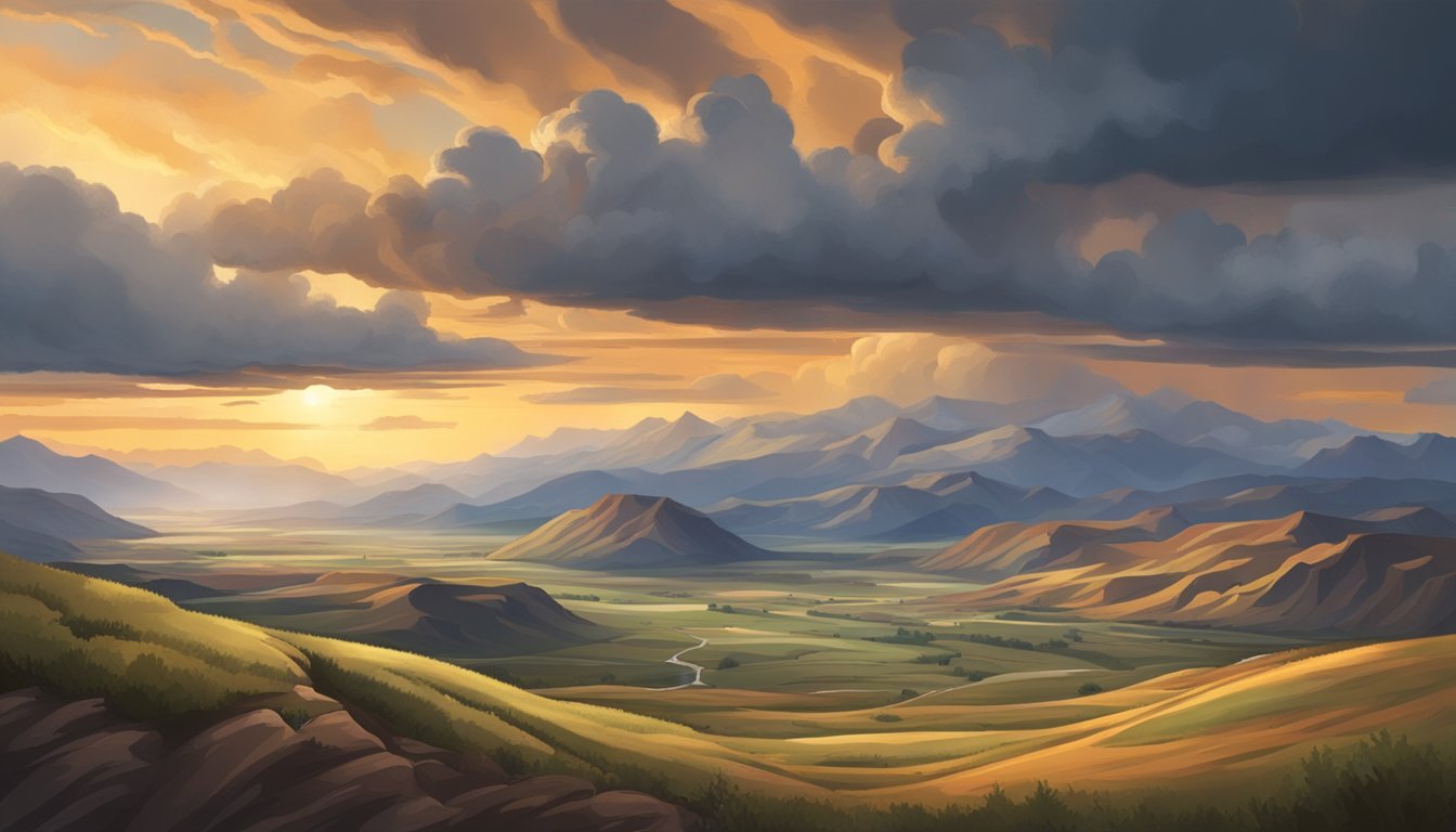 A sprawling western landscape with rolling hills, rugged mountains, and a winding river, set under a dramatic sky with storm clouds and a hint of sunset