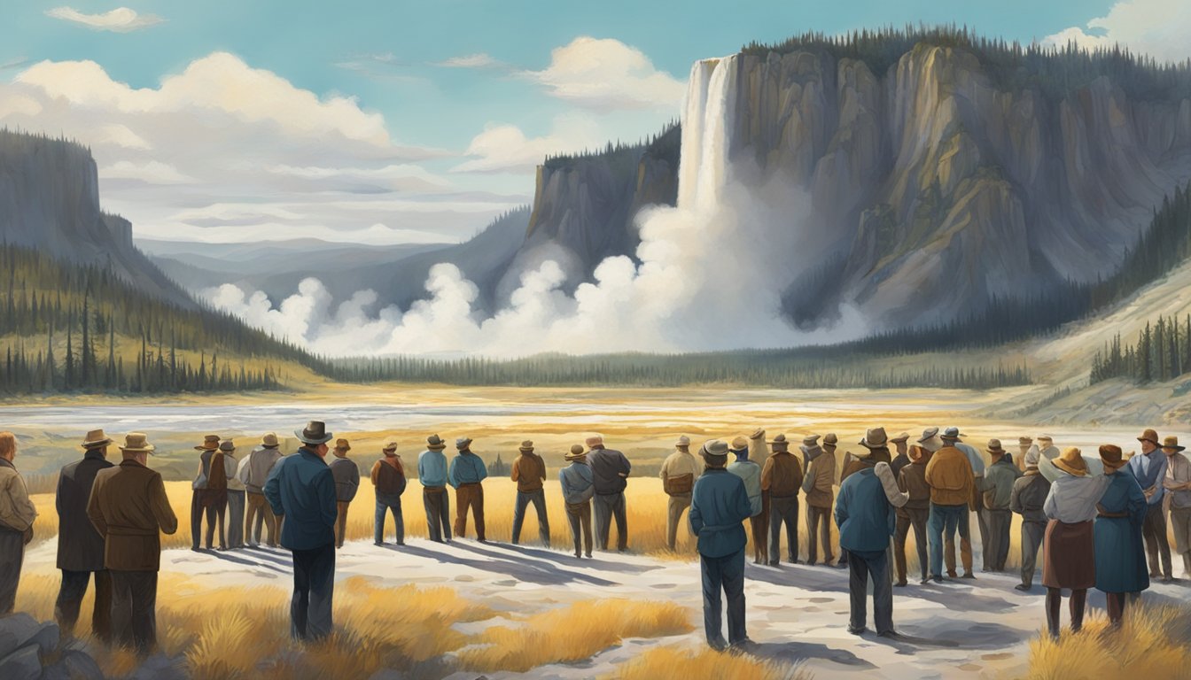 A group of people gather in a heated debate, some defending the preservation of Yellowstone, while others argue for its development. The contrasting views create a tense atmosphere