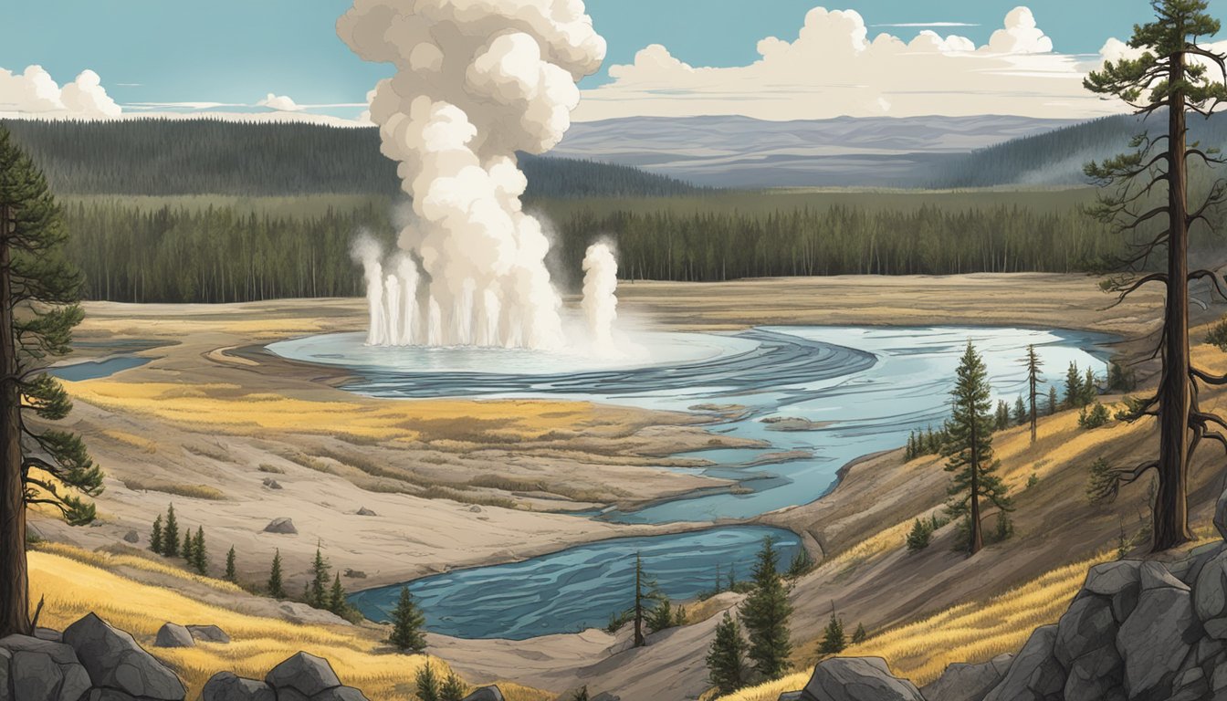 A dramatic scene of Yellowstone's geysers and wildlife, with contrasting viewpoints and conflicting interpretations