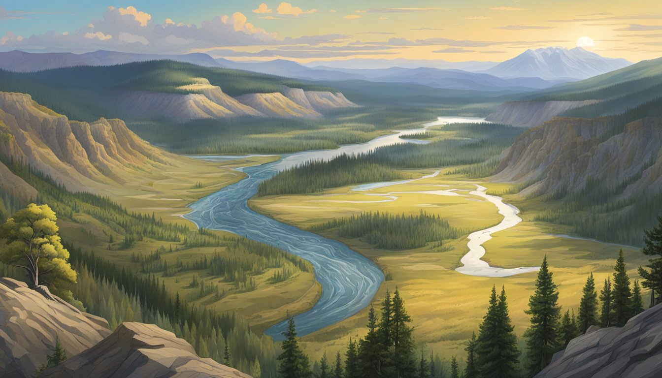 A panoramic view of the iconic Yellowstone landscape, with sprawling mountains, lush forests, and a winding river, capturing the expansive and enduring legacy of the Dutton universe