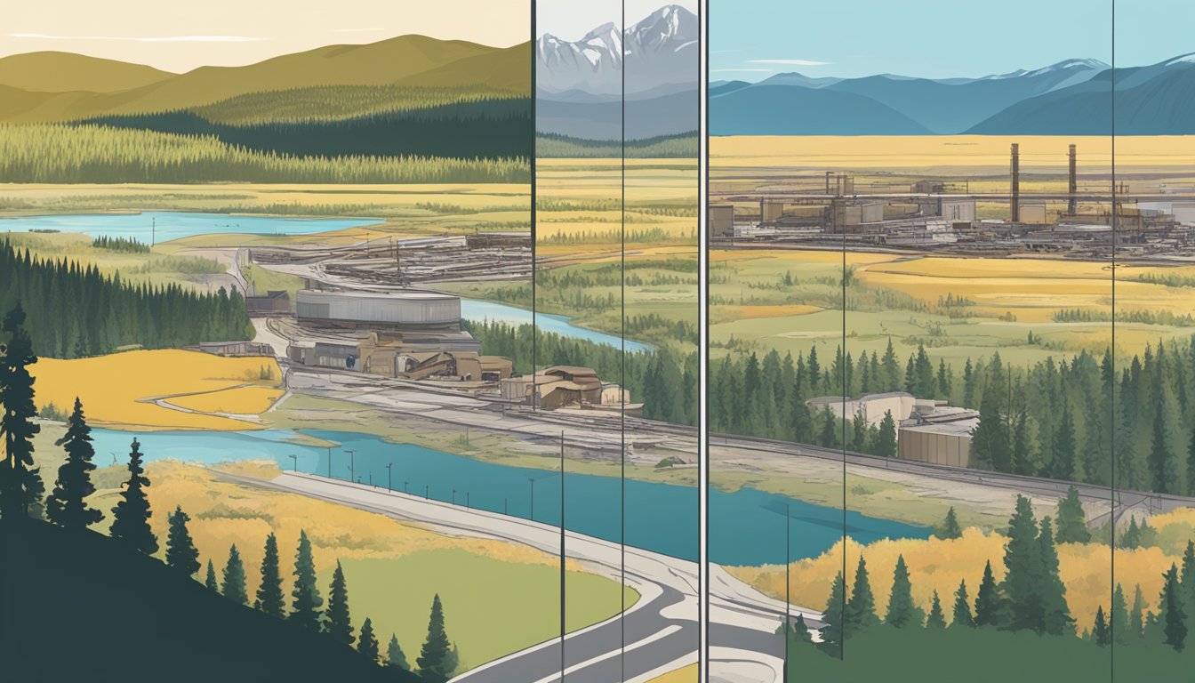 A split screen showing conflicting views of Yellowstone: serene natural beauty on one side, and industrial development on the other