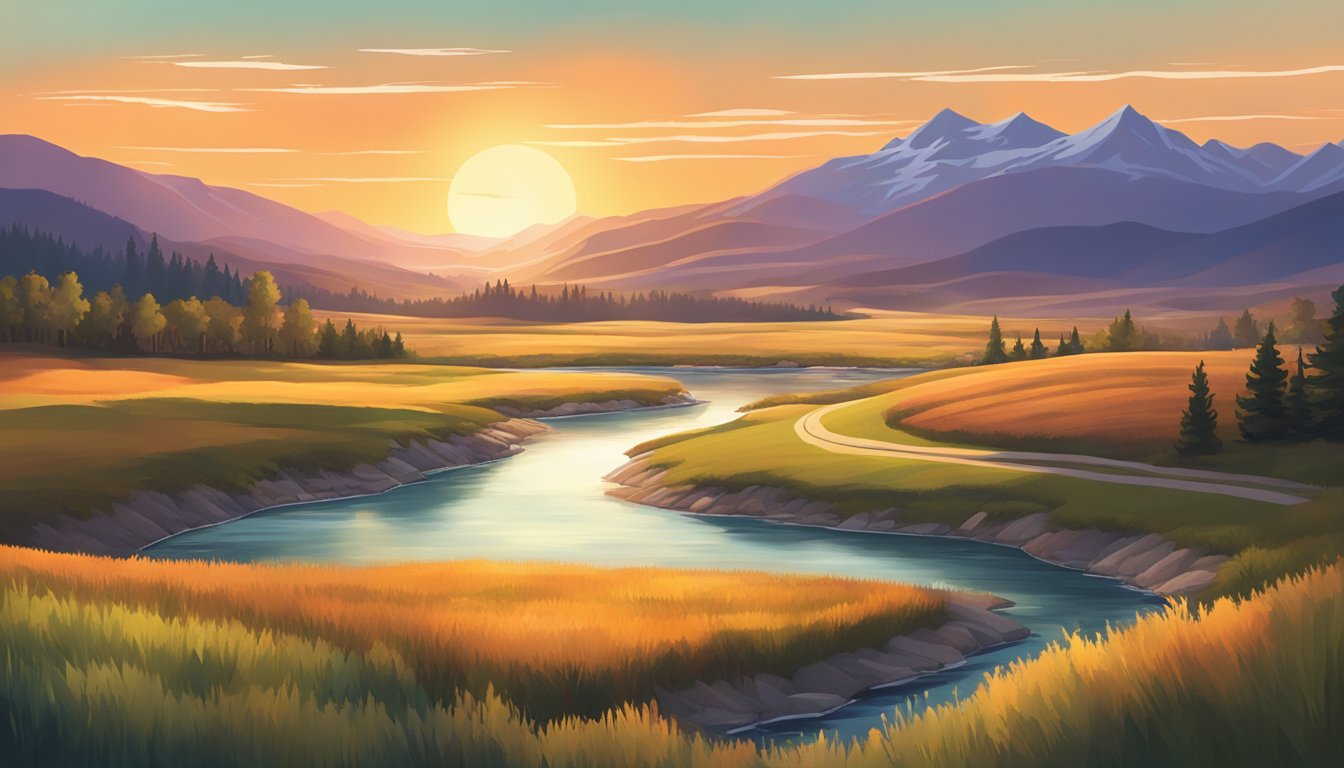 A serene Montana landscape with rolling hills, a winding river, and a vibrant sunset casting a warm glow over the land