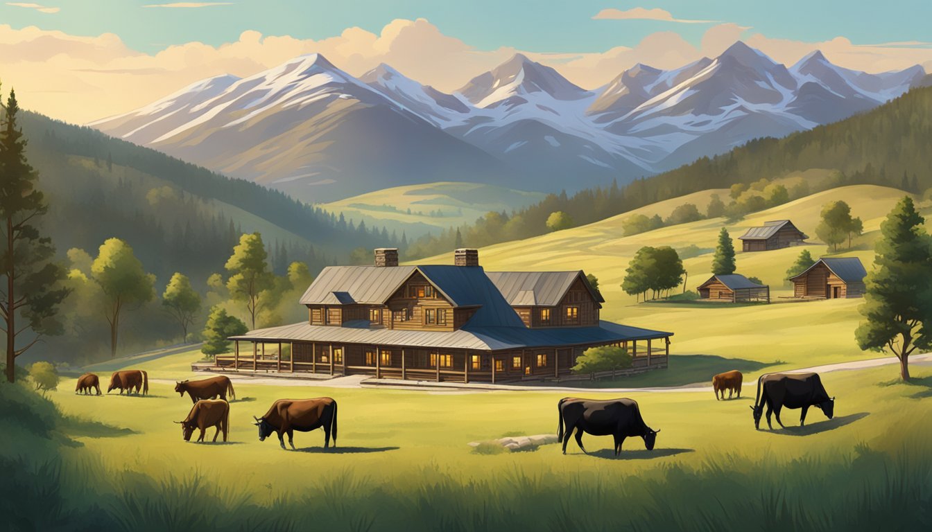 A sprawling ranch with rolling hills, grazing cattle, and a grand lodge nestled in the mountains