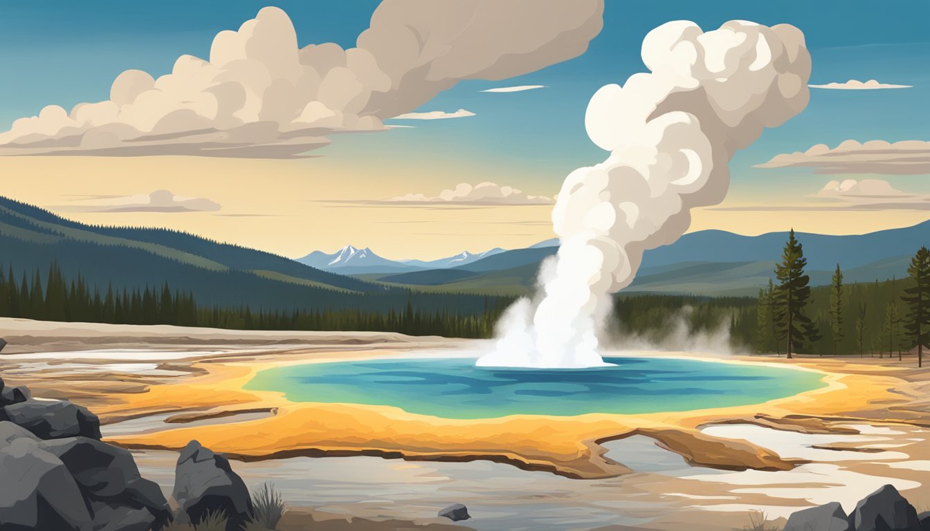 A picturesque landscape of Yellowstone National Park, featuring geysers, mountains, and wildlife