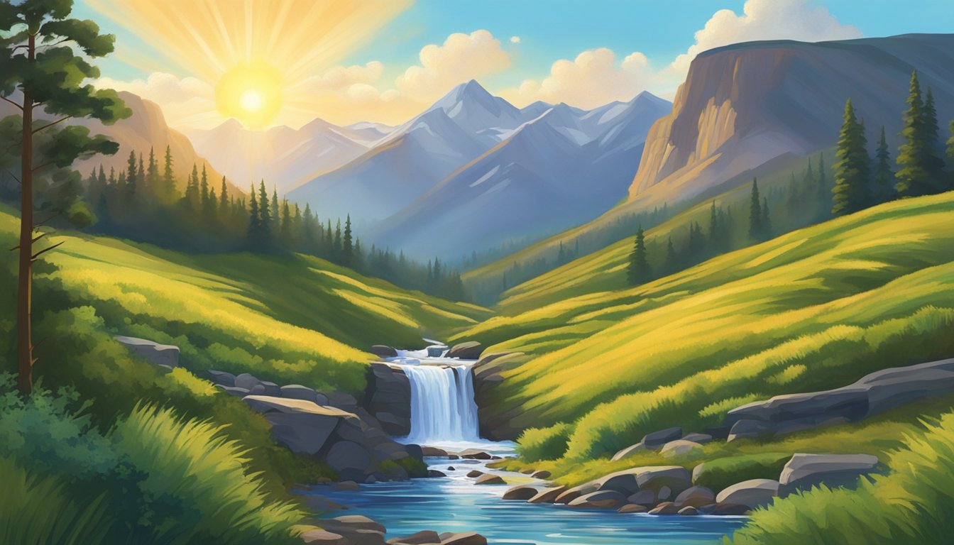 Rolling hills, lush greenery, and a majestic waterfall set against a vibrant blue sky. The sun casts a warm glow over the landscape, creating a breathtaking view of Montana's natural beauty