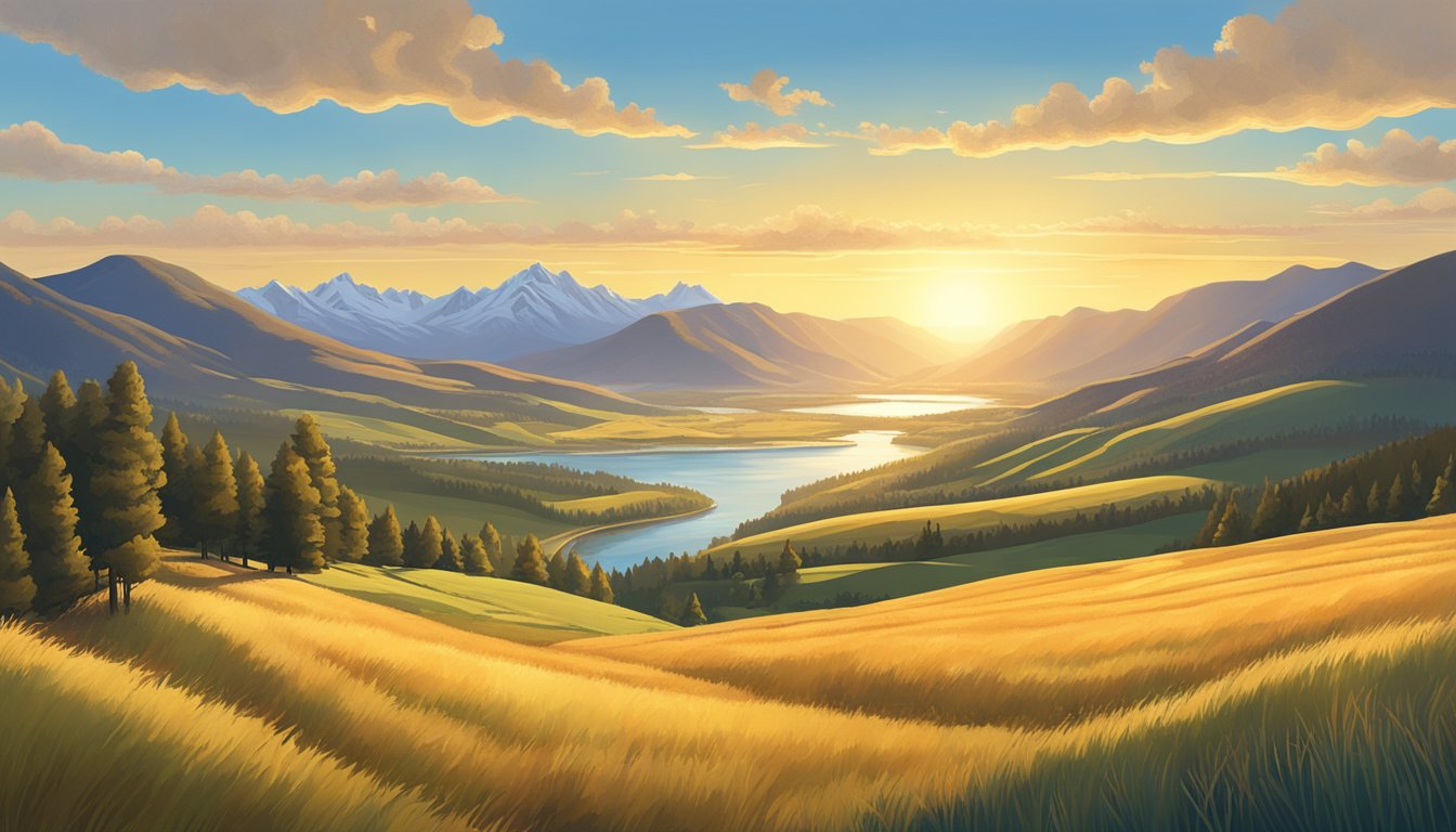 A vast, sweeping landscape of rolling hills, towering mountains, and winding rivers under a clear, blue sky. The sun casts a warm, golden light over the scene, highlighting the natural beauty of Montana