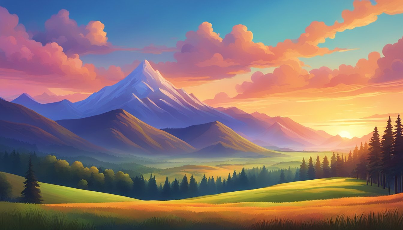 A vast, sweeping landscape of rolling hills, lush forests, and majestic mountains under a vibrant, colorful sky at sunset