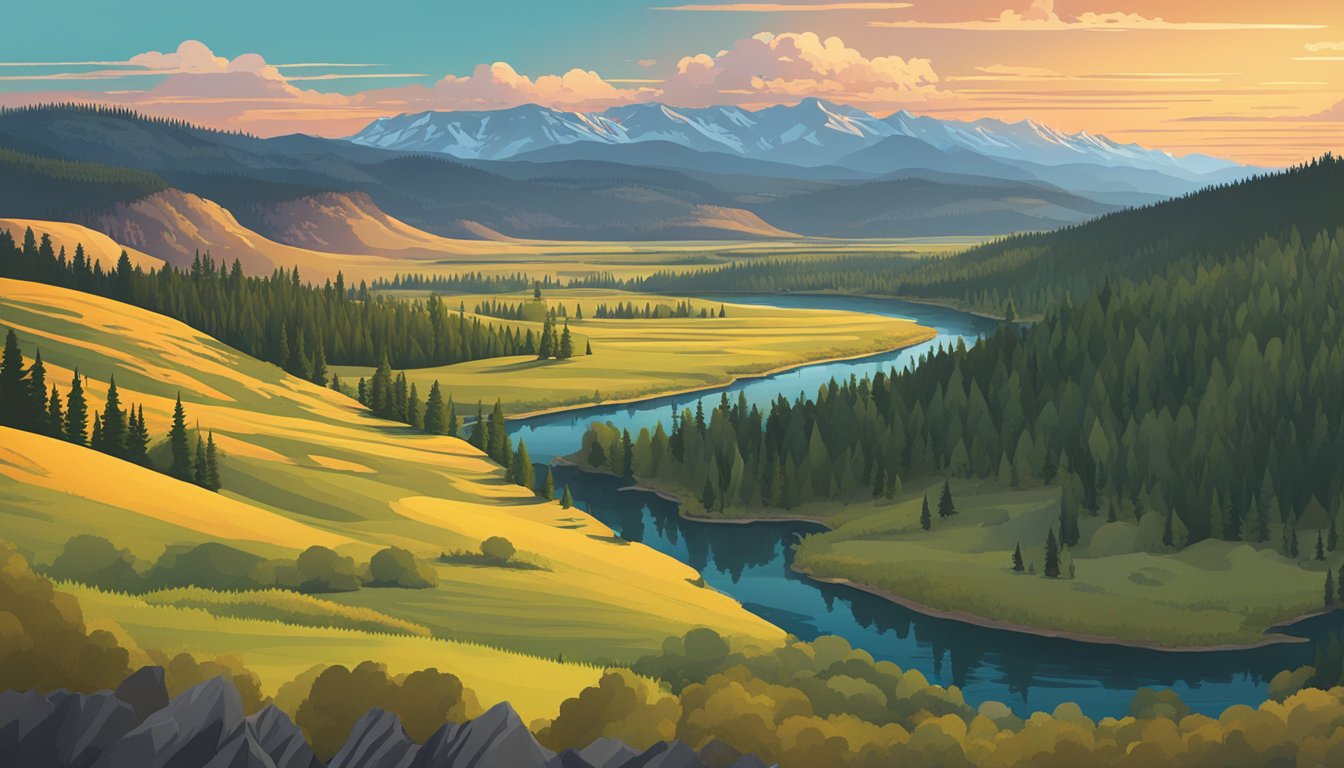 A sweeping landscape of rolling hills, lush forests, and winding rivers under a vibrant sunset sky. The iconic mountains of Yellowstone National Park loom in the distance, creating a breathtaking backdrop for the filmmaking community