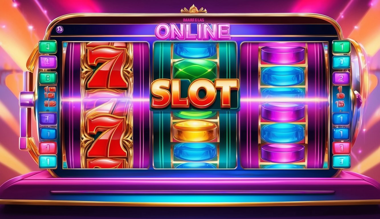 Antarmuka permainan slot online yang cerah dengan gulungan berwarna-warni dan grafik yang menggoda