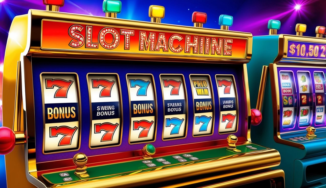 Mesin slot yang cerah dengan lampu berkedip dan tampilan bonus besar