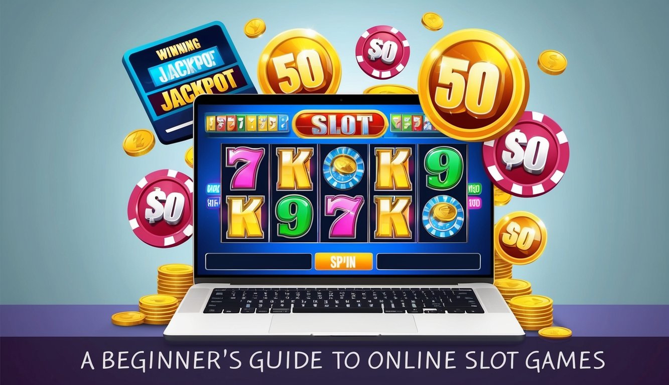 Panduan pemula untuk permainan slot online: Sebuah laptop dengan antarmuka permainan slot berwarna-warni, dikelilingi oleh koin dan tampilan jackpot yang menang