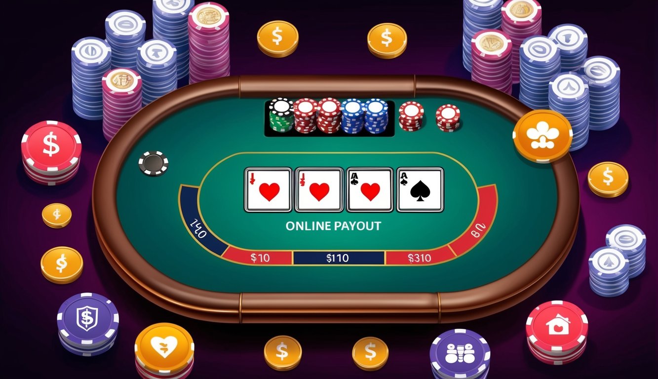 Meja poker online yang cerah dengan pembayaran cepat, dikelilingi oleh simbol dan ikon yang dapat dipercaya