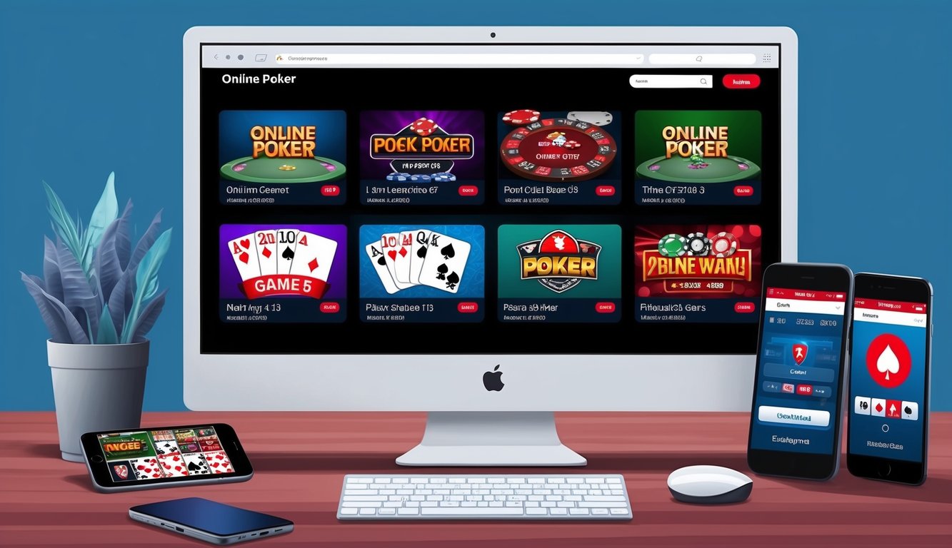 Sebuah layar komputer yang menampilkan berbagai permainan poker online