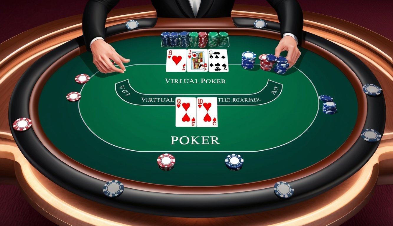 Meja poker virtual dengan dealer langsung, kartu, dan chip