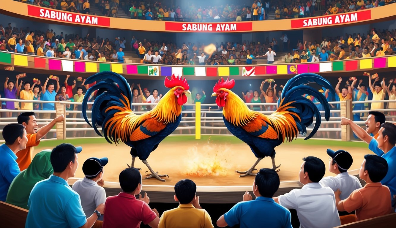 Sebuah arena yang ramai dengan dua ayam jantan yang saling berhadapan dalam pertandingan sabung ayam yang panas, dikelilingi oleh penonton yang bersorak dan spanduk berwarna-warni