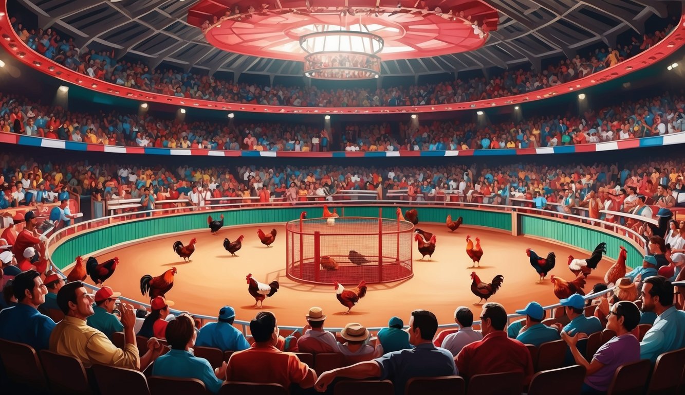 Arena sabung ayam yang ramai dengan warna-warna cerah dan penonton yang antusias