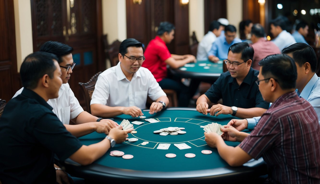 Sekelompok orang duduk di sekitar meja bermain permainan kartu tradisional Indonesia, dengan uang dan chip di atas meja