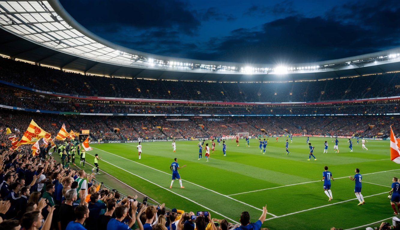 Sebuah stadion yang ramai dengan penggemar yang bersorak, bendera berkibar, dan pemain di lapangan dalam pertandingan sepak bola yang penuh tekanan tinggi