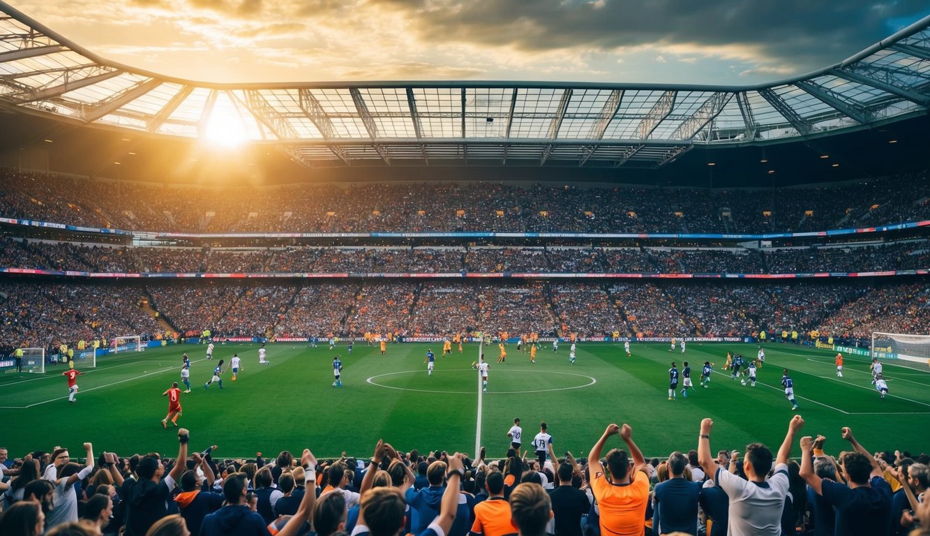 Sebuah stadion yang ramai dipenuhi dengan penggemar yang bersorak dan pemain di lapangan selama pertandingan sepak bola