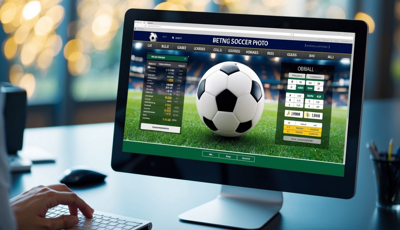 Sebuah layar komputer menampilkan bola sepak dikelilingi oleh odds taruhan dan statistik. Sebuah tangan meraih mouse untuk memasang taruhan.