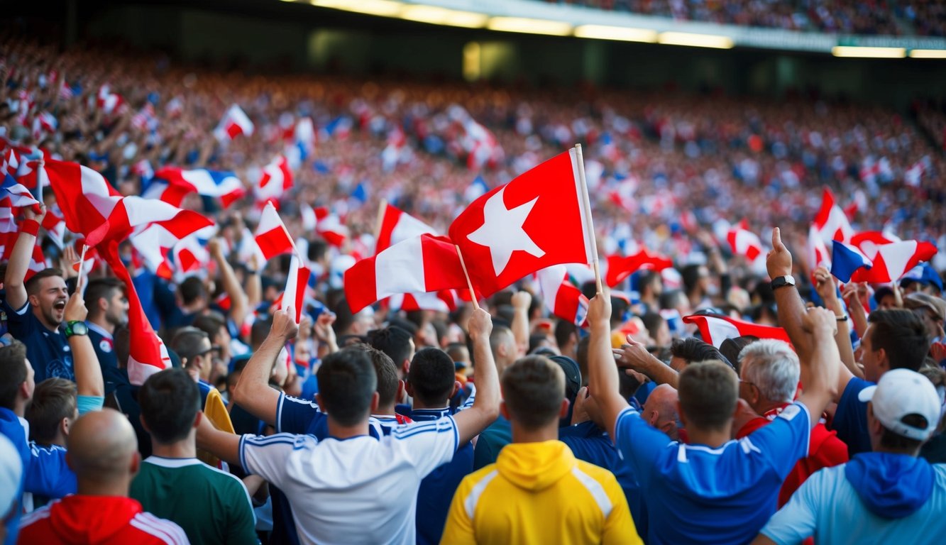 Sebuah stadion sepak bola yang ramai dengan para penggemar bersorak dan melambaikan bendera