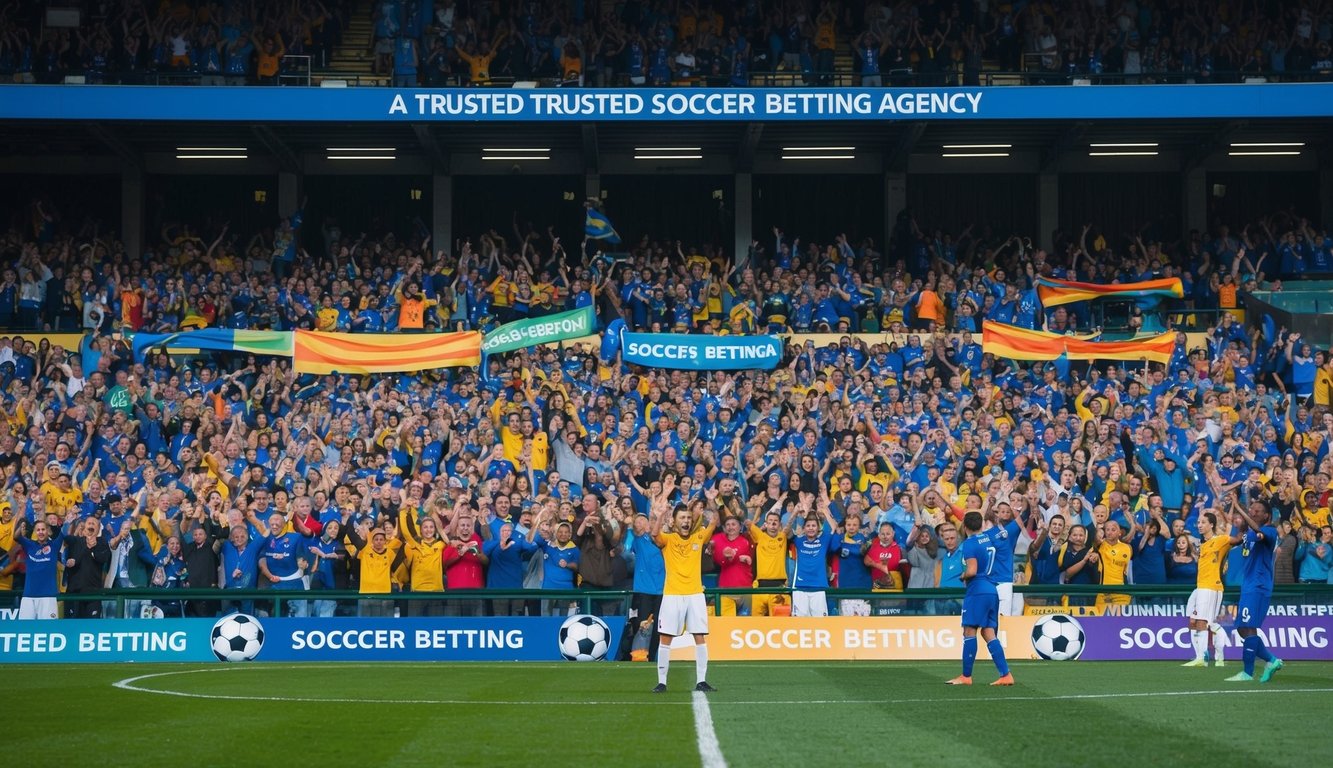 Sebuah stadion yang ramai dengan penggemar yang bersorak, spanduk berwarna-warni, dan pemain di lapangan, mewakili agen taruhan sepak bola yang terpercaya