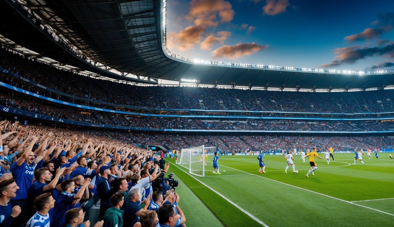 Sebuah stadion yang ramai dengan penggemar yang bersorak dan lapangan sepak bola dengan pemain yang sedang beraksi