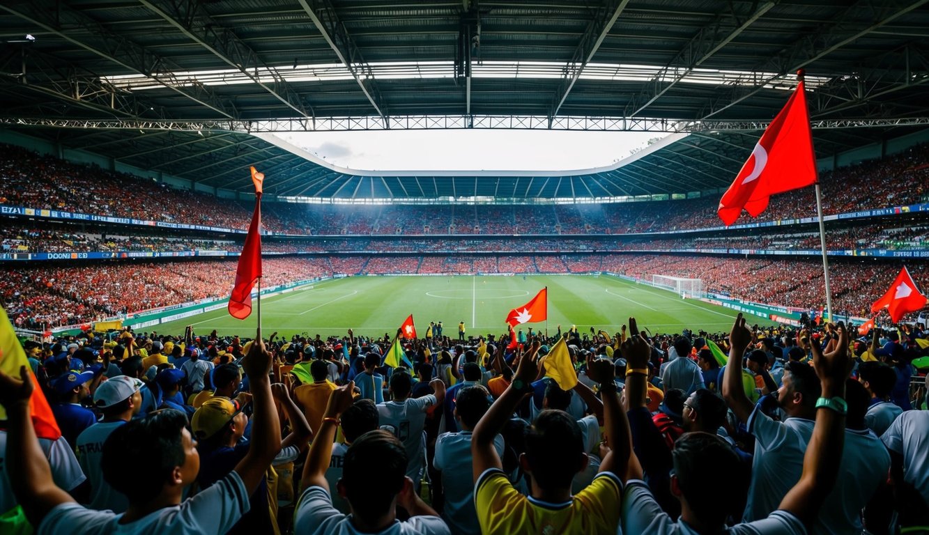 Sebuah stadion sepak bola yang ramai di Indonesia, dengan para penggemar bersorak dan melambaikan bendera