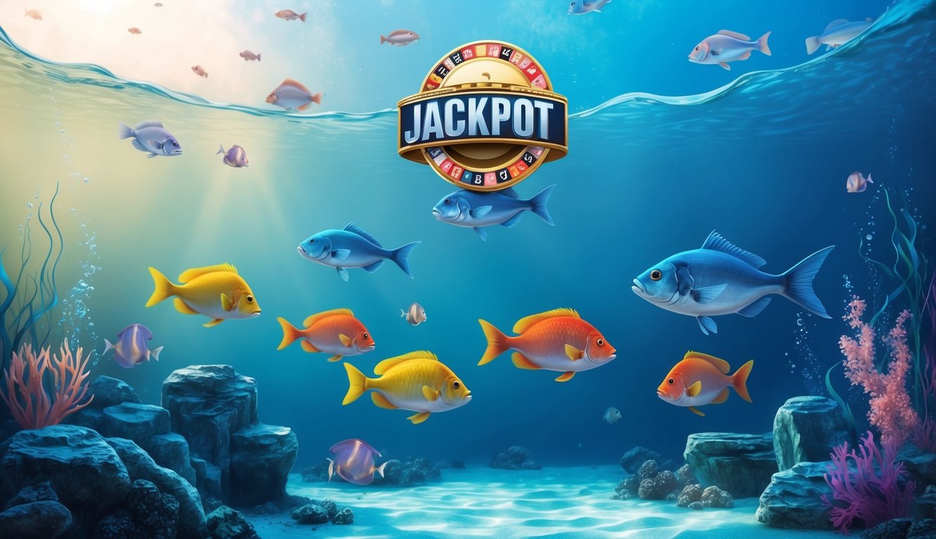 Sebuah dunia bawah laut yang tenang dengan ikan-ikan berwarna-warni dan simbol jackpot besar yang mengapung di atas