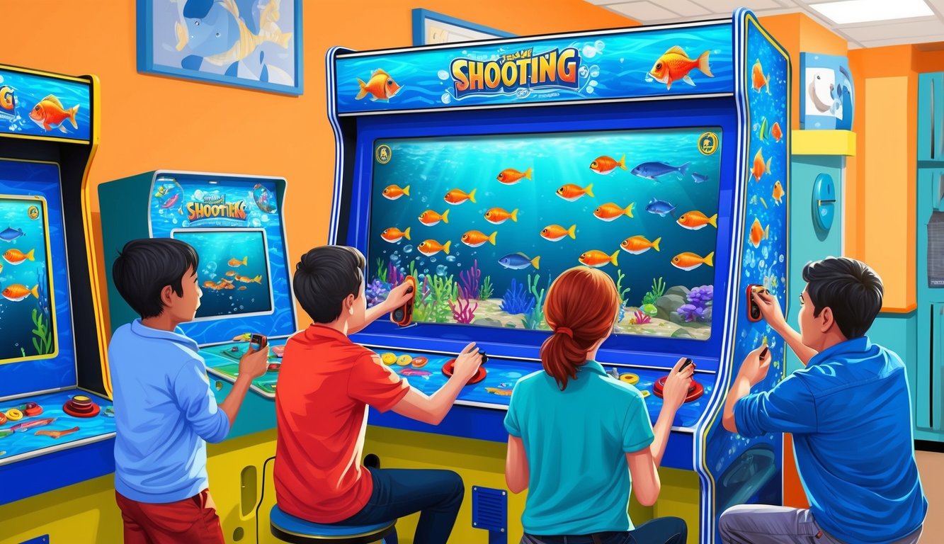 Sekelompok pemula belajar bermain permainan menembak ikan di mesin arcade bertema bawah laut yang penuh warna