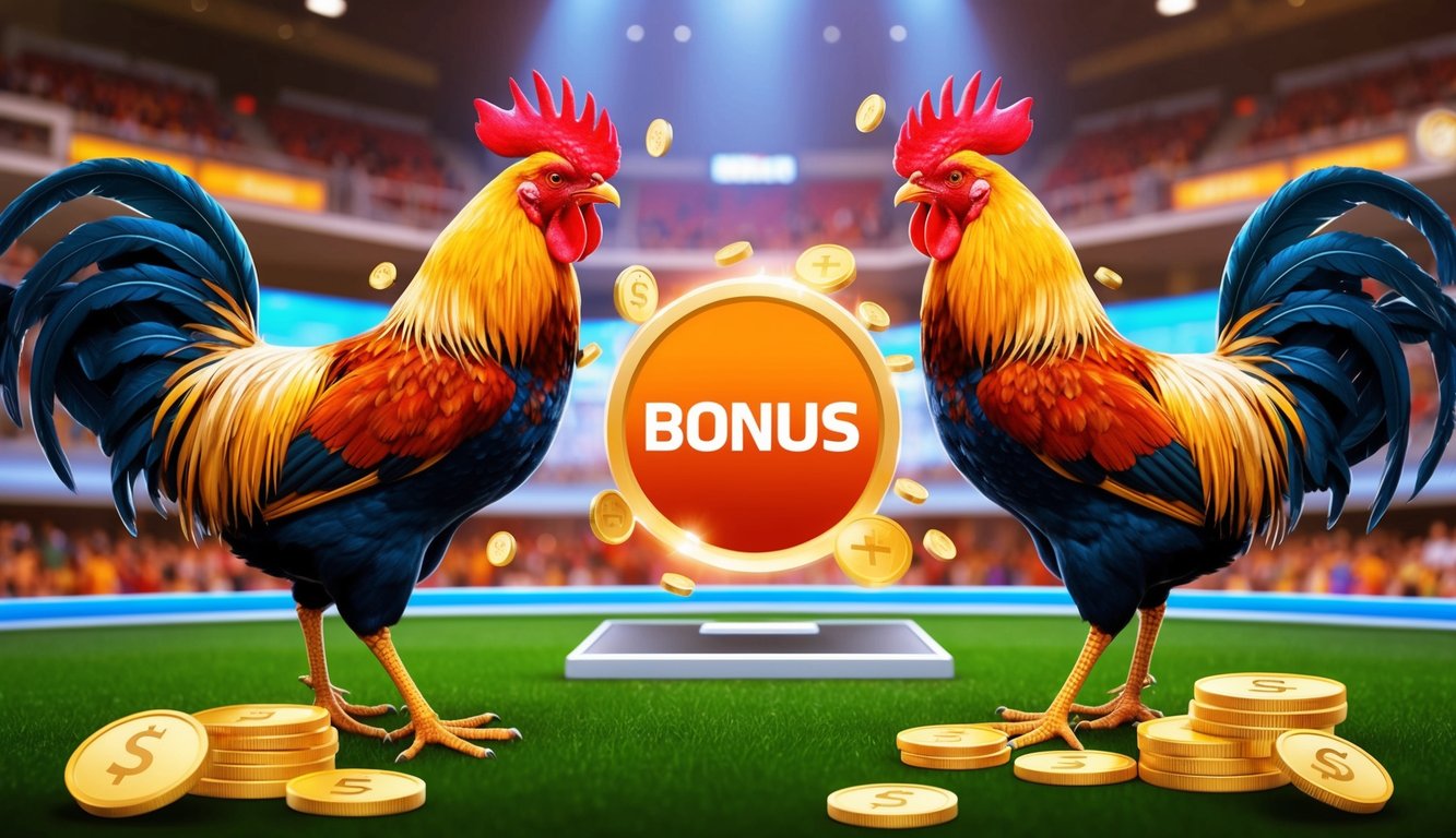 Dua ayam jantan berhadapan di arena online, dikelilingi oleh koin virtual dan tanda bonus besar