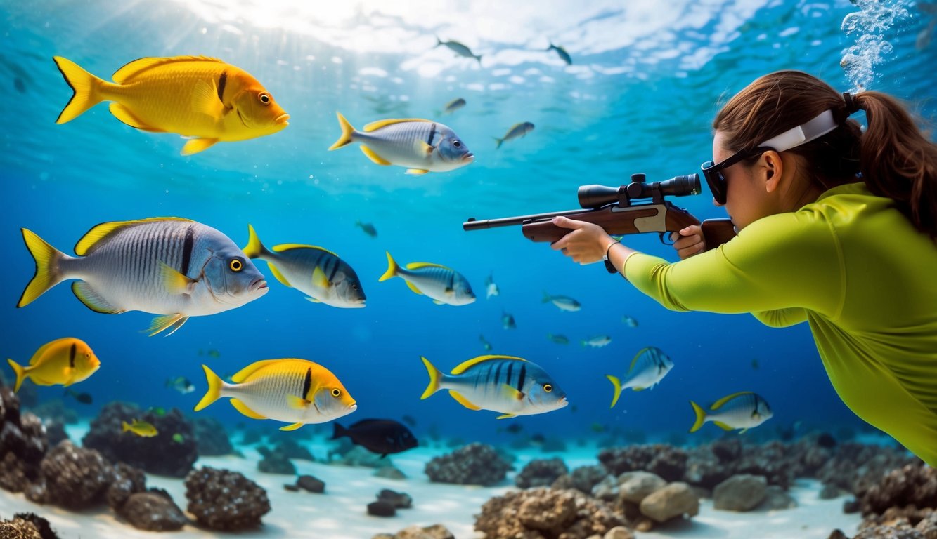 Sebuah dunia bawah laut yang berwarna-warni dengan berbagai ikan yang berenang dan seorang manusia yang mengarahkan senjata untuk menembak mereka