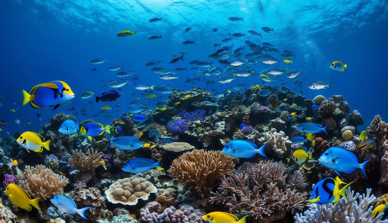 Sebuah dunia bawah laut yang ramai dengan ikan berwarna-warni, terumbu karang, dan berbagai makhluk laut