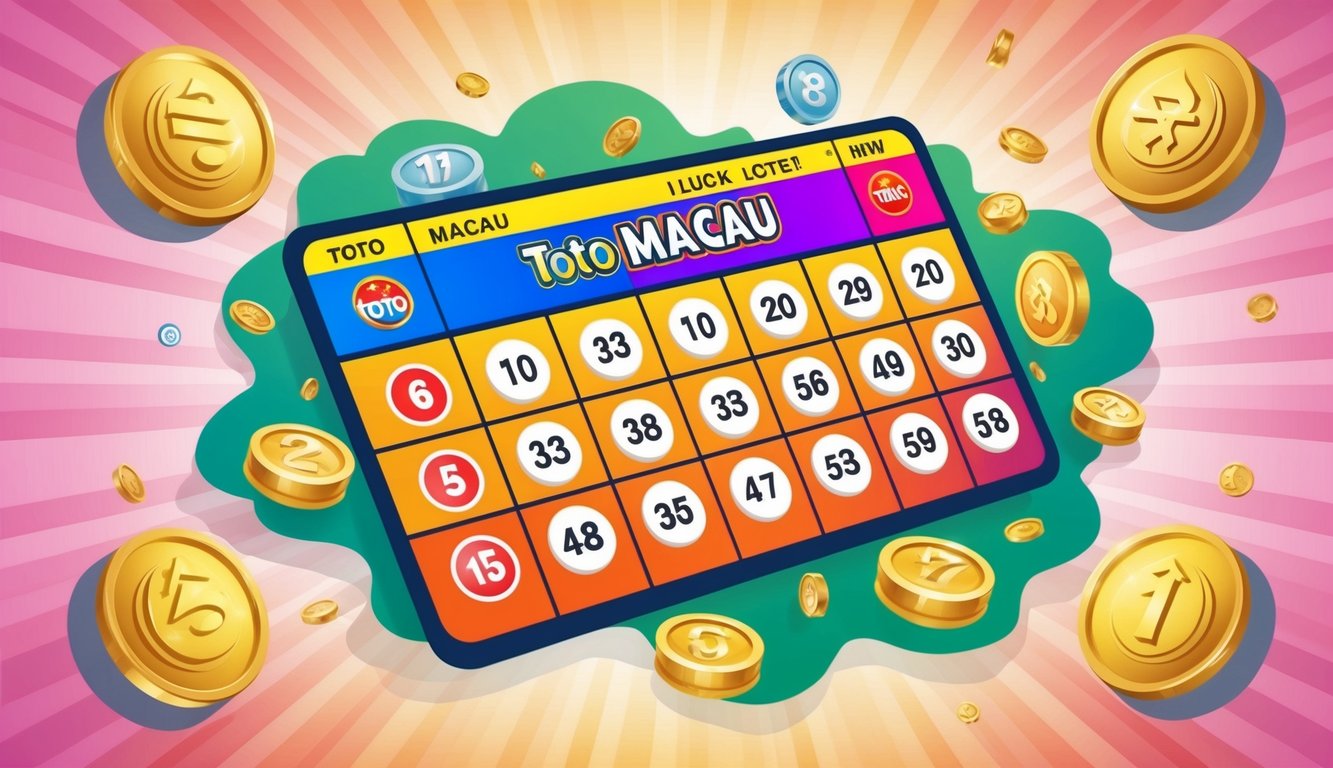 Sebuah tiket lotere berwarna-warni dengan angka untuk undian Toto Macau, dikelilingi oleh simbol keberuntungan dan nasib