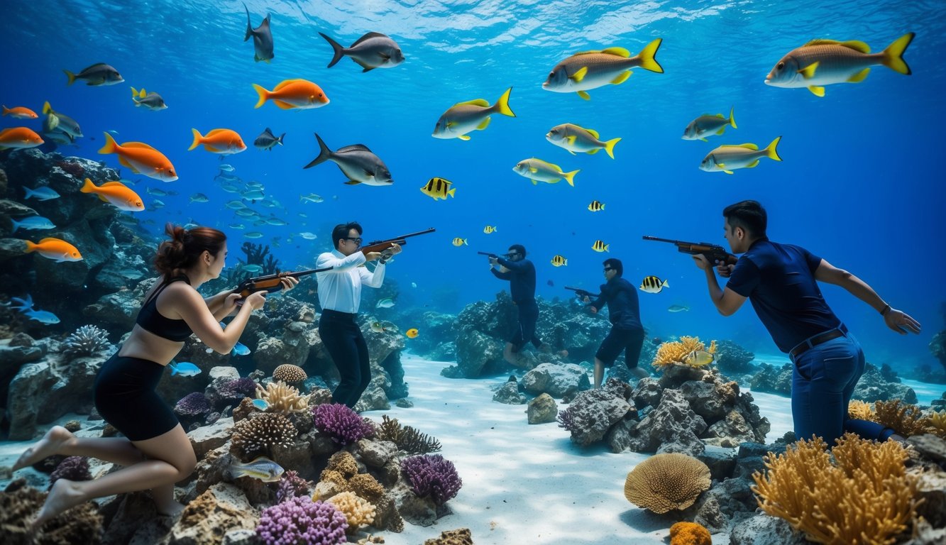 Sebuah dunia bawah laut yang penuh warna dengan berbagai makhluk laut yang berenang di sekitar, sementara sekelompok pemain mengarahkan dan menembak ikan untuk memenangkan uang sungguhan