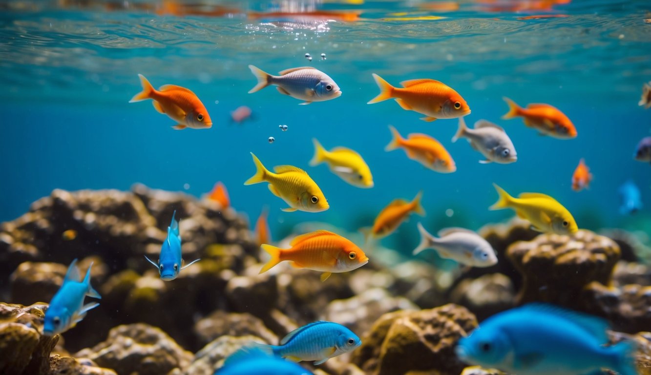 Sebuah pemandangan bawah laut yang berwarna-warni dengan ikan kecil yang berenang di sekitar permainan memancing dengan deposit rendah