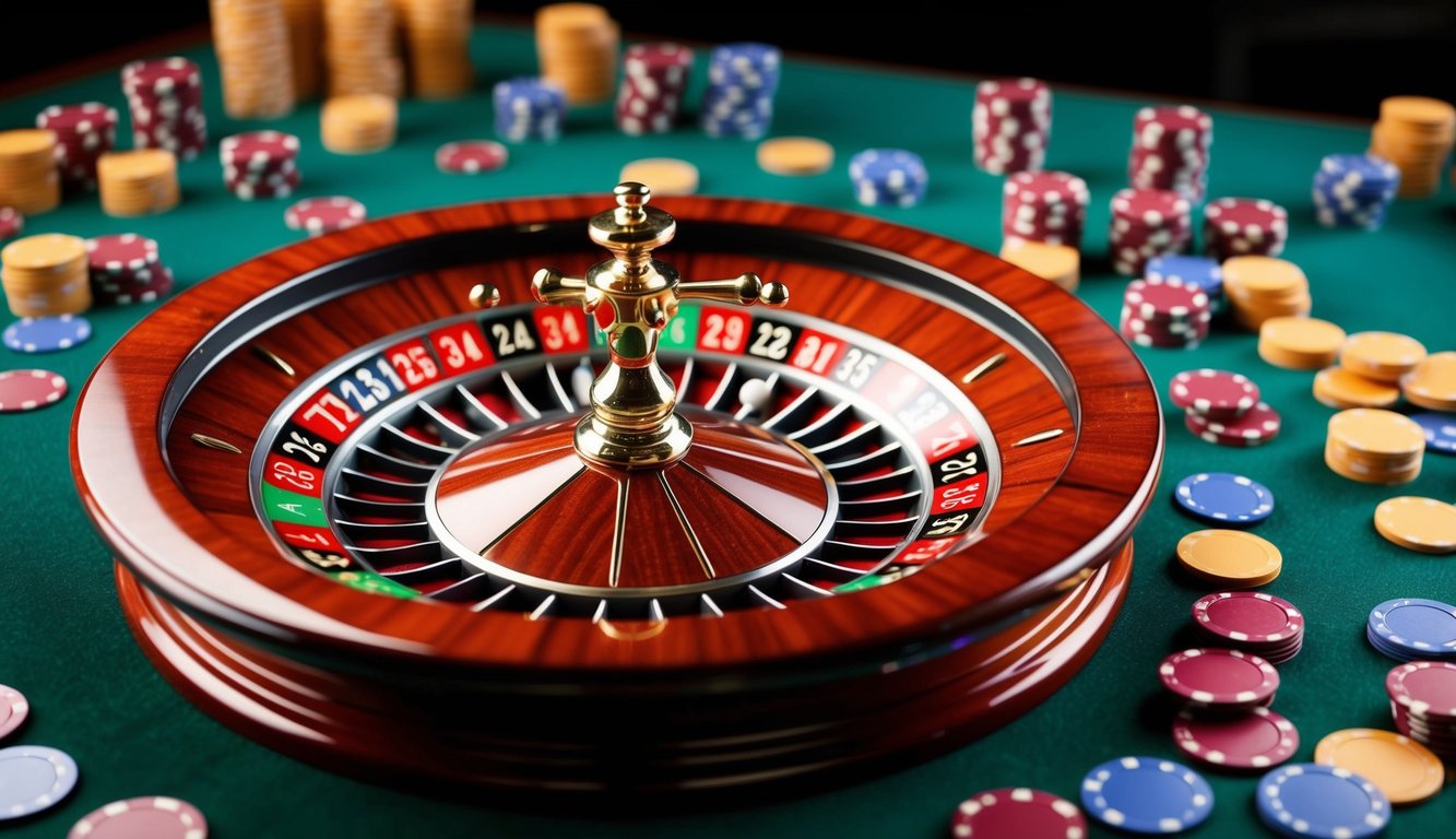 Roda roulette berputar dengan chip berwarna-warni tersebar di sekitarnya