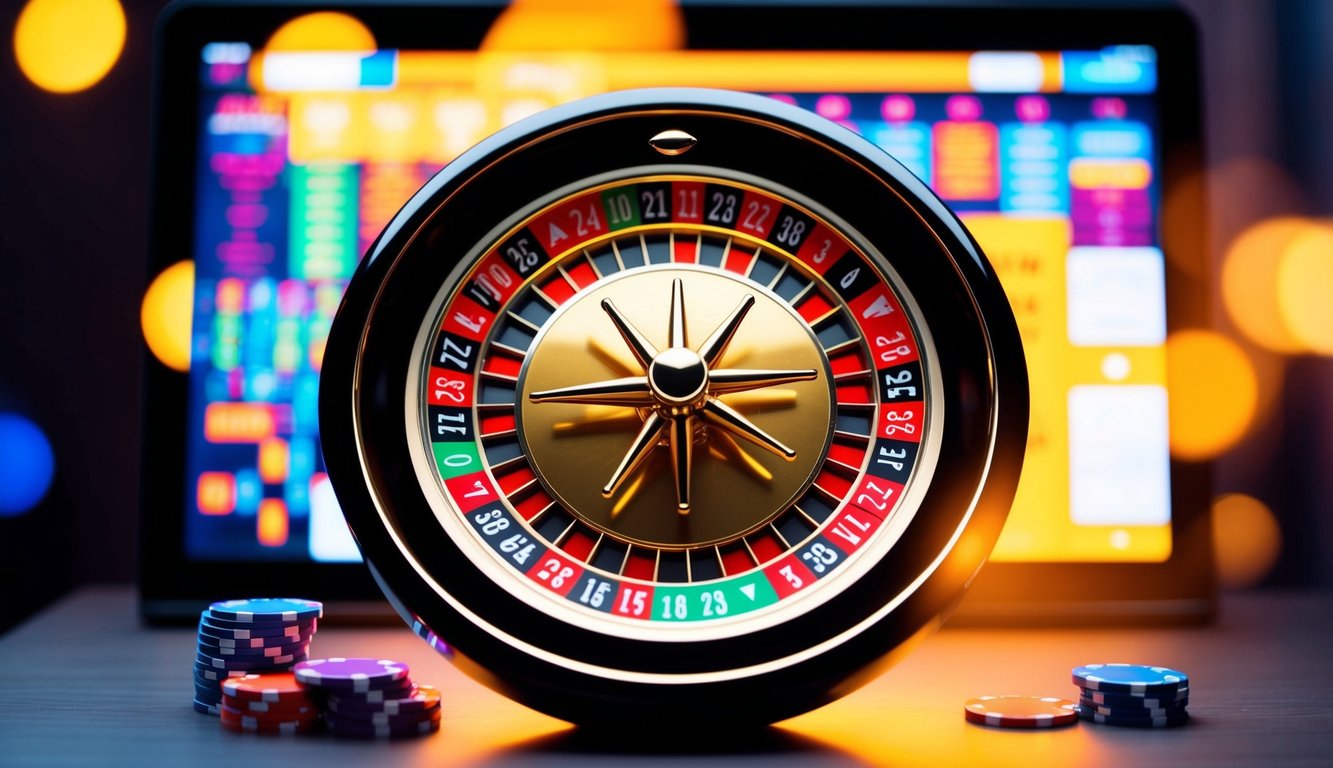 Roda roulette digital berputar di layar yang bersinar, dikelilingi oleh chip berwarna-warni dan antarmuka yang ramping dan modern