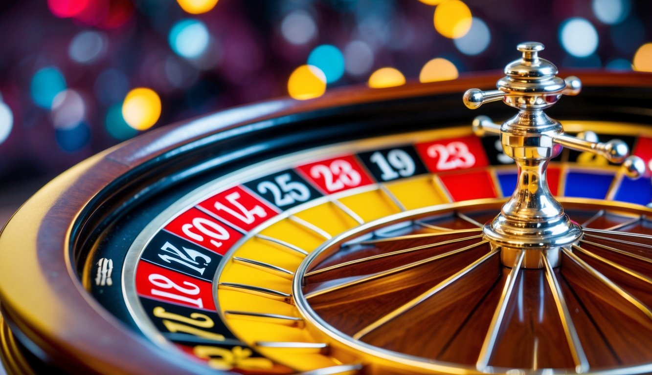 Roda roulette yang berputar dengan slot bernomor berwarna-warni dan bola perak kecil yang melompat-lompat