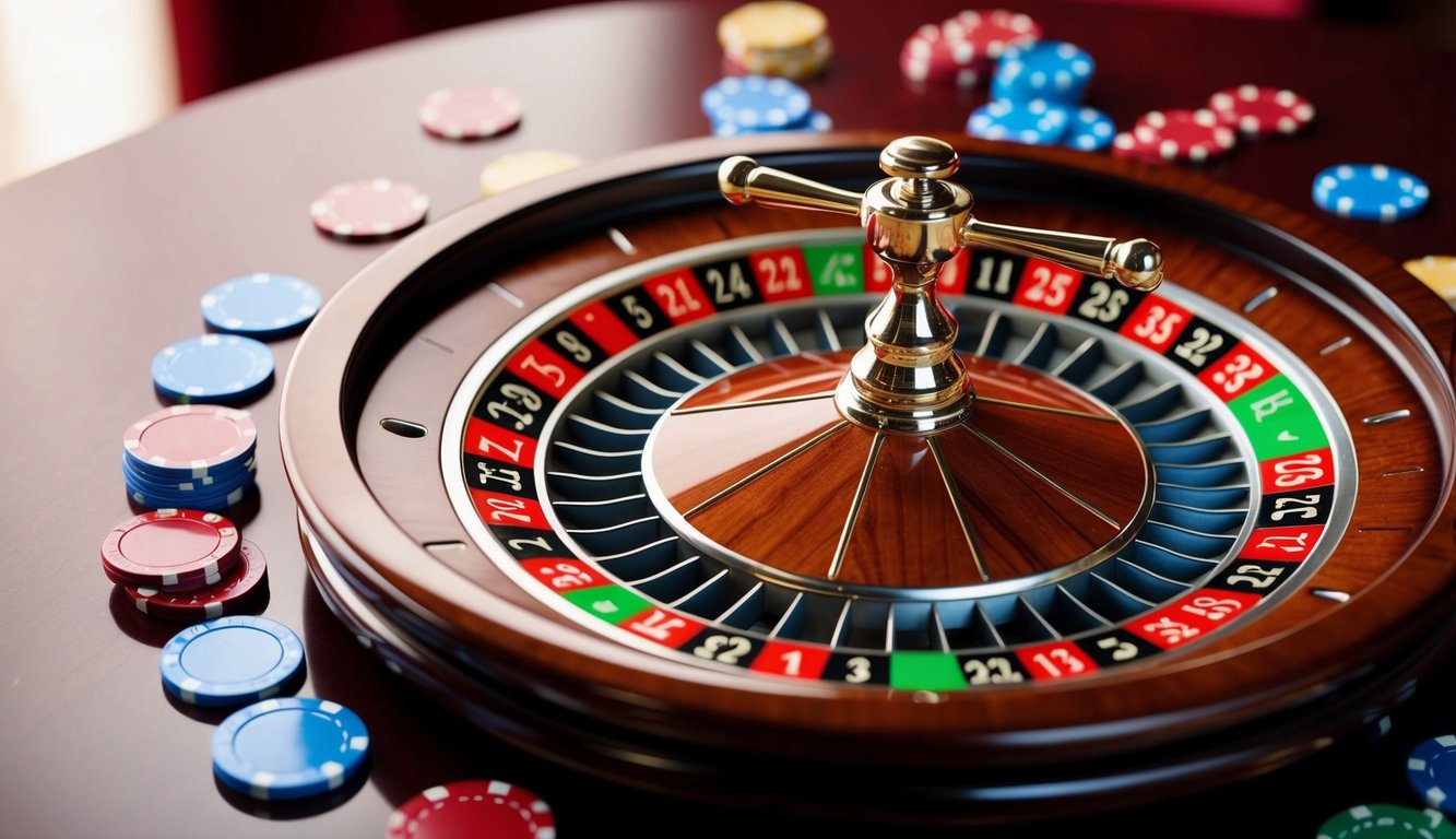 Roda roulette berputar dengan chip berwarna-warni tersebar di sekitarnya