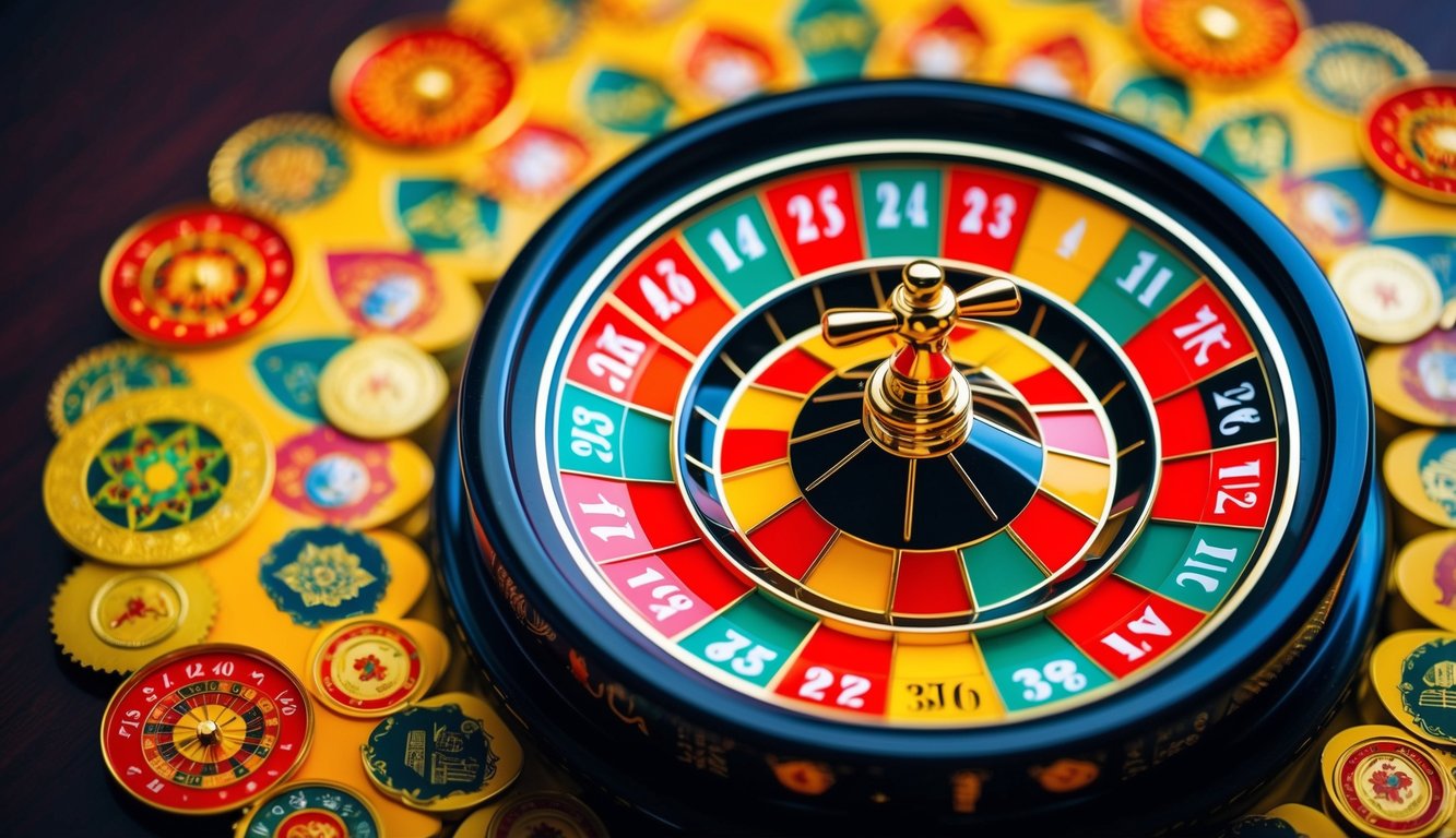 Roda roulette online yang berwarna-warni dan cerah dengan elemen dan simbol budaya Indonesia di sekelilingnya