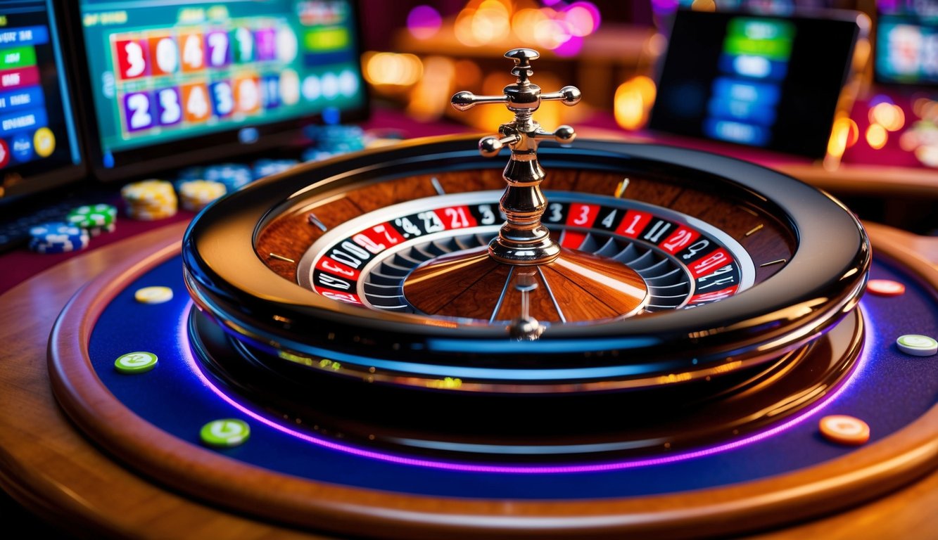 Sebuah roda roulette yang ramping berputar di antarmuka kasino online yang canggih dan berwarna-warni, dikelilingi oleh pilihan taruhan yang berwarna-warni dan suasana yang hidup.