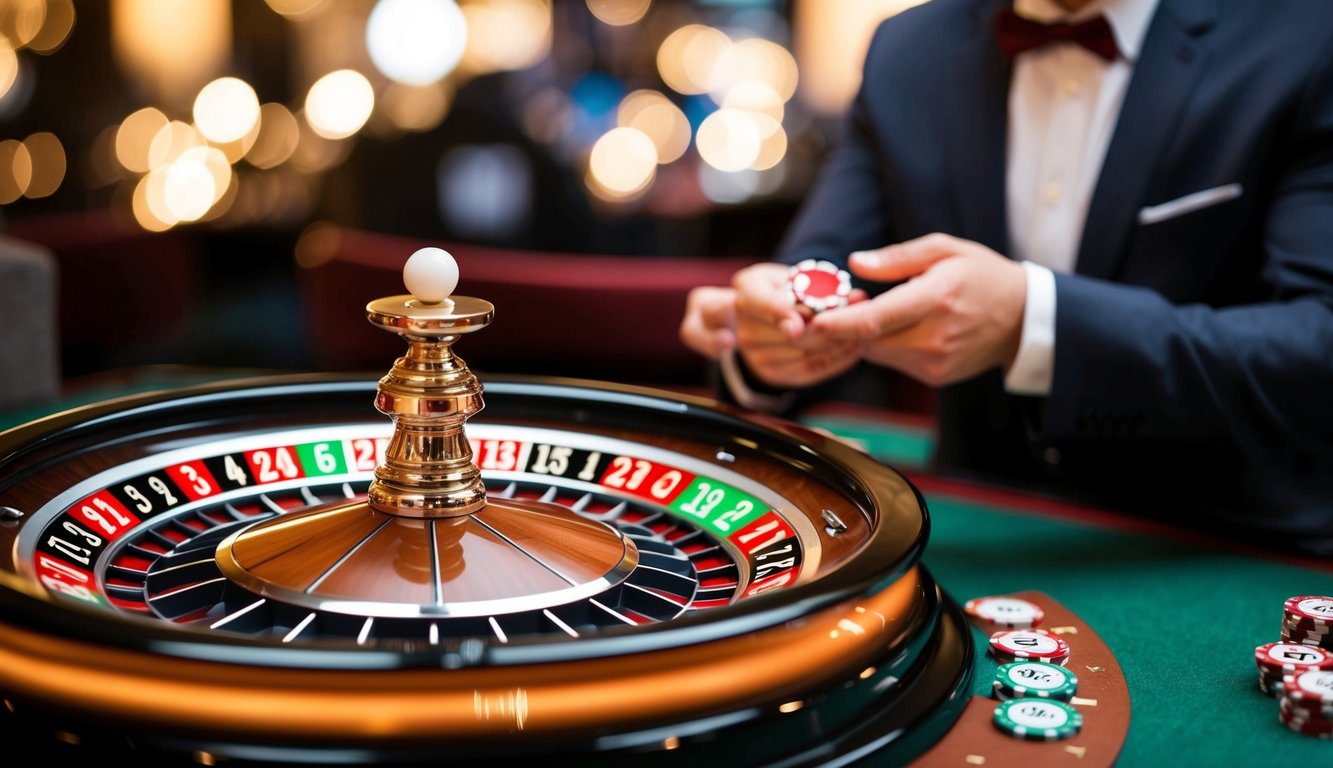 Roda roulette yang berputar dengan slot bernomor dan sebuah bola putih kecil