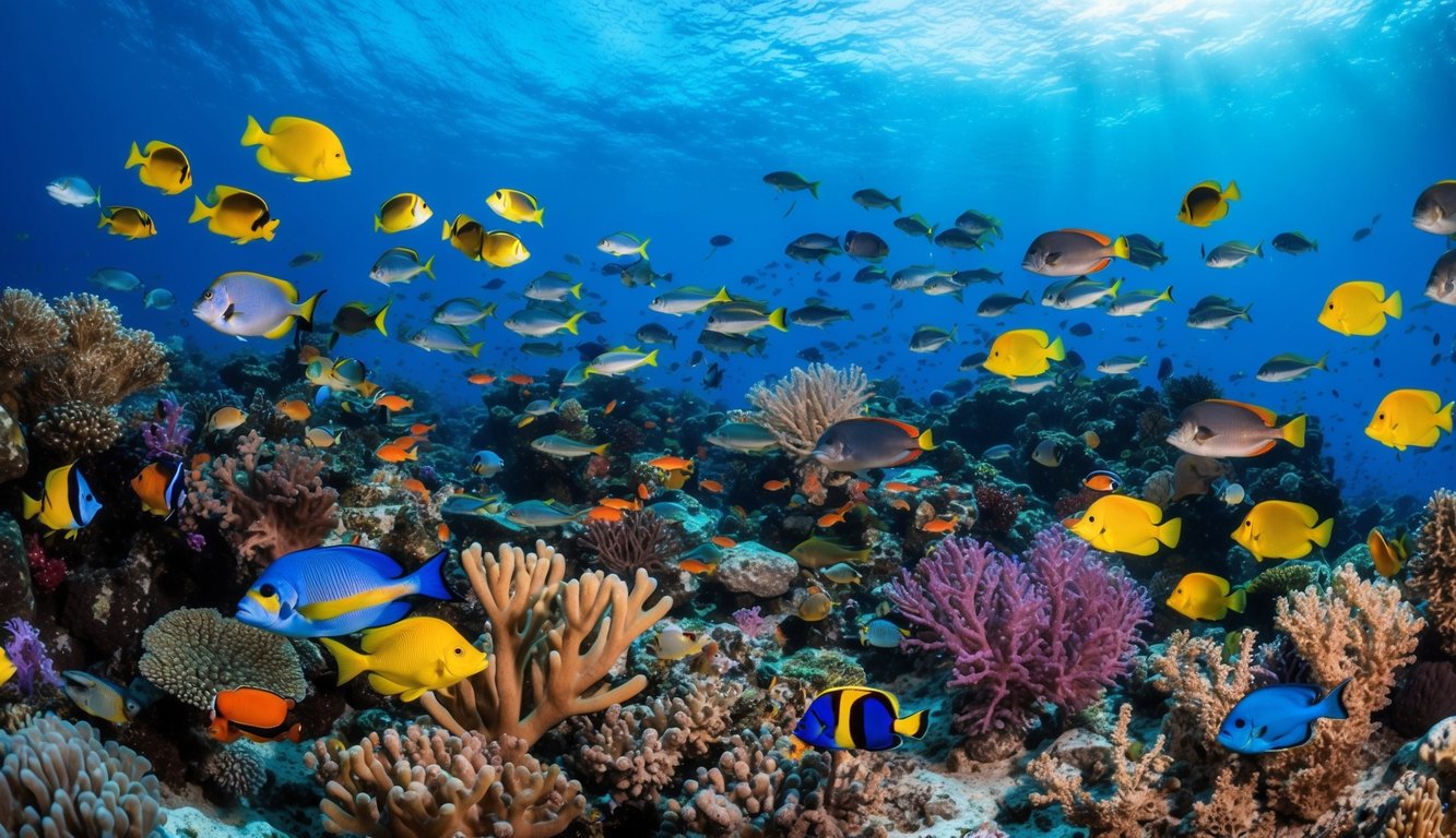 Sebuah dunia bawah laut yang ramai dengan ikan berwarna-warni, terumbu karang, dan berbagai makhluk laut